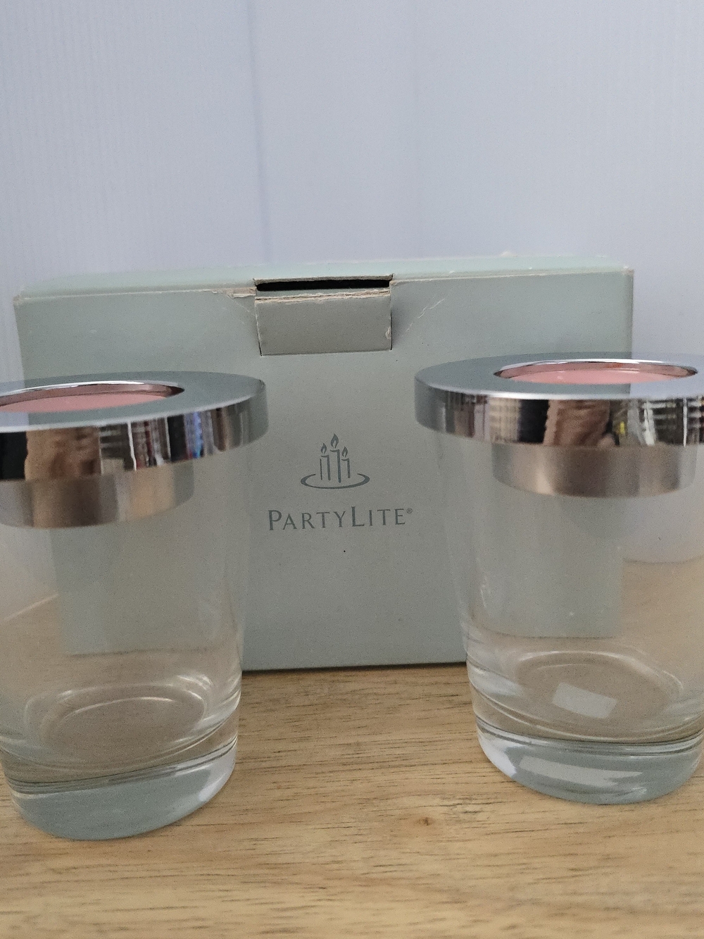 PartyLite Glass Tea Light Holders with Silver Tops - Clear & Silver